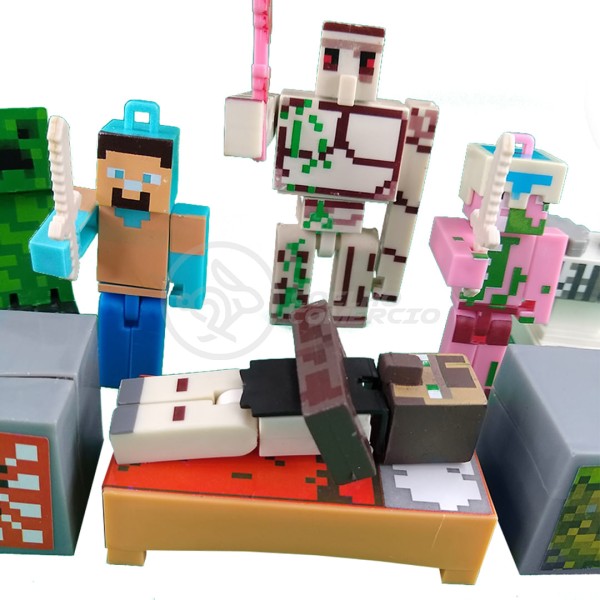 Encontraproduto.com.br - Kit Cartelado Conjunto Minecraft 2 Bonecos + 1 Villager + 1 Enderman + 1 Creeper + 1 Cama + Espadas