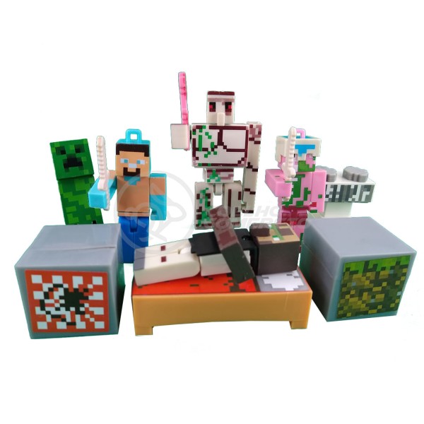 Encontraproduto.com.br - Kit Cartelado Conjunto Minecraft 2 Bonecos + 1 Villager + 1 Enderman + 1 Creeper + 1 Cama + Espadas