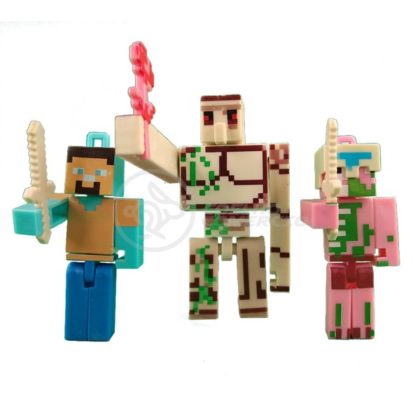 Encontraproduto.com.br - Kit Cartelado Conjunto Minecraft 2 Bonecos + 1 Villager + 1 Enderman + 1 Creeper + 1 Cama + Espadas