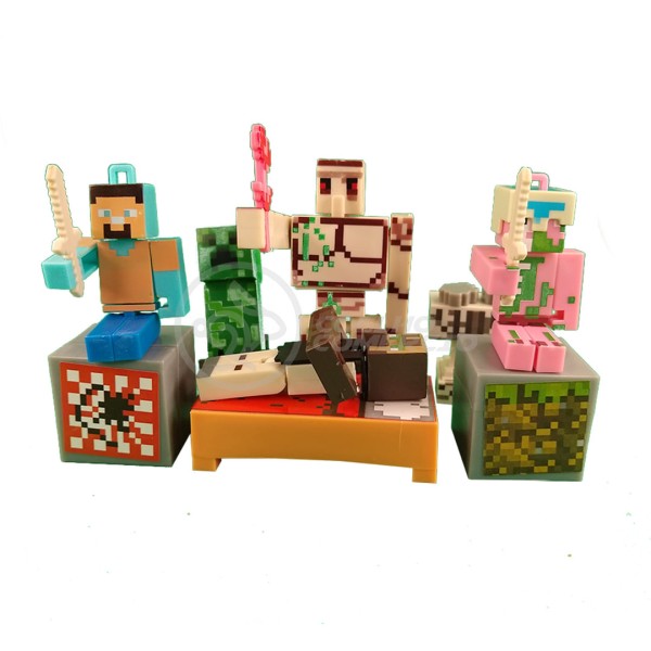 Encontraproduto.com.br - Kit Cartelado Conjunto Minecraft 2 Bonecos + 1 Villager + 1 Enderman + 1 Creeper + 1 Cama + Espadas