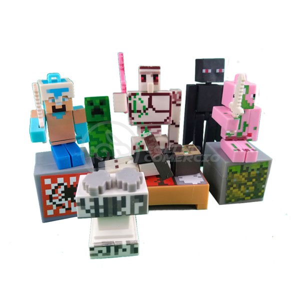 Encontraproduto.com.br - Kit Cartelado Conjunto Minecraft 2 Bonecos + 1 Villager + 1 Enderman + 1 Creeper + 1 Cama + Espadas