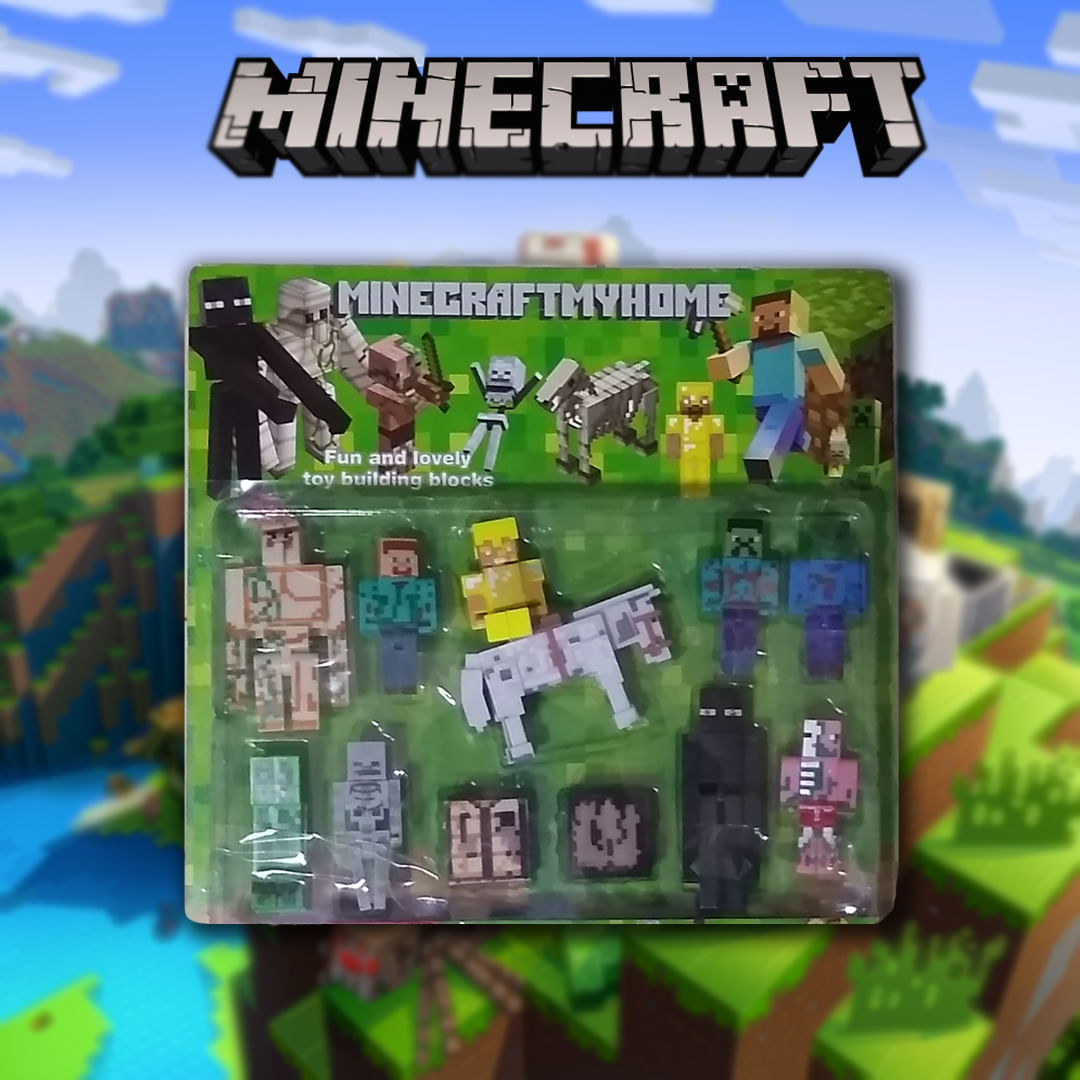 Encontraproduto.com.br - Cartela 10 Boneco Articulado Minecraft My Home - 2 Blocos + Zumbi, Cavalo, Creeper, Pigman, Steve