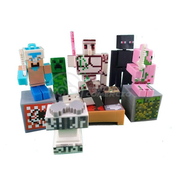 Encontraproduto.com.br - Kit Cartelado Conj. Minecraft 2 Bonecos+1 Villager+1 Enderman+1 Creeper+1 Cama+Espadas
