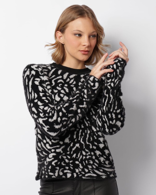 Encontraproduto.com.br - Suéter Feminino Tricô Estampa Animal Print Preto
