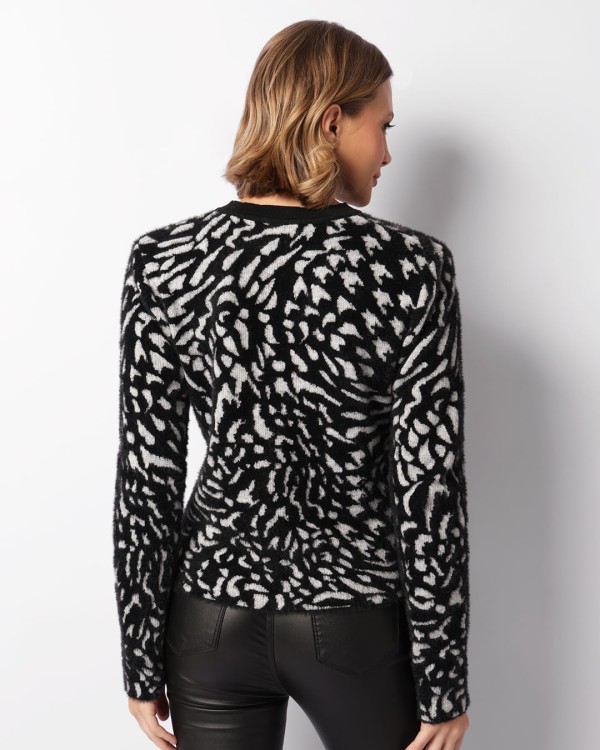 Encontraproduto.com.br - Suéter Feminino Tricô Estampa Animal Print Preto