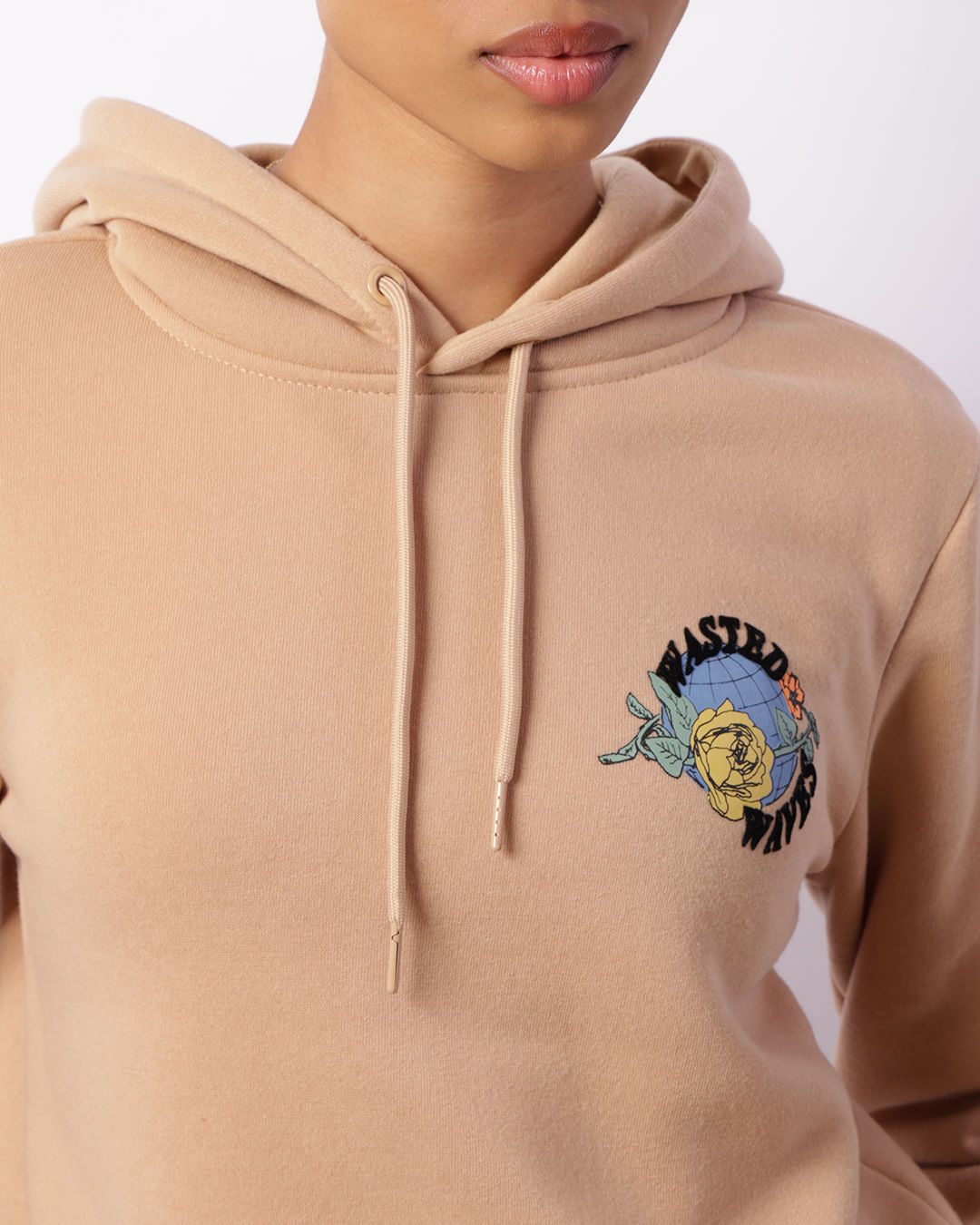 Encontraproduto.com.br - Blusão Moletom Feminino Estampa Frente E Costas Com Capuz Bege