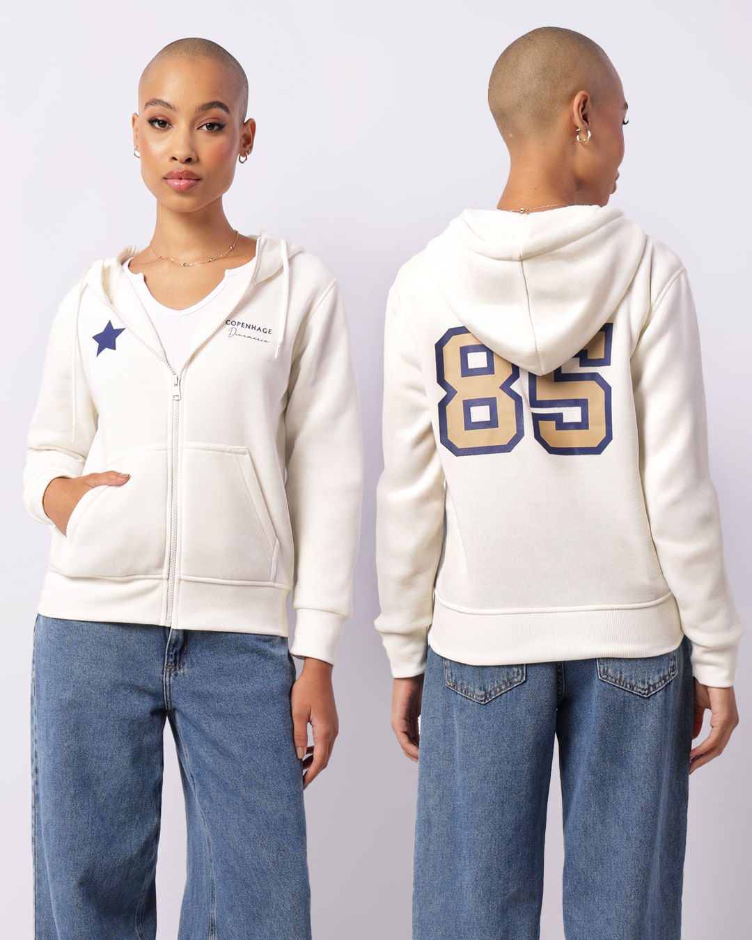 Jaqueta Moletom Feminina Estampa Frente E Costas Com Capuz Off White