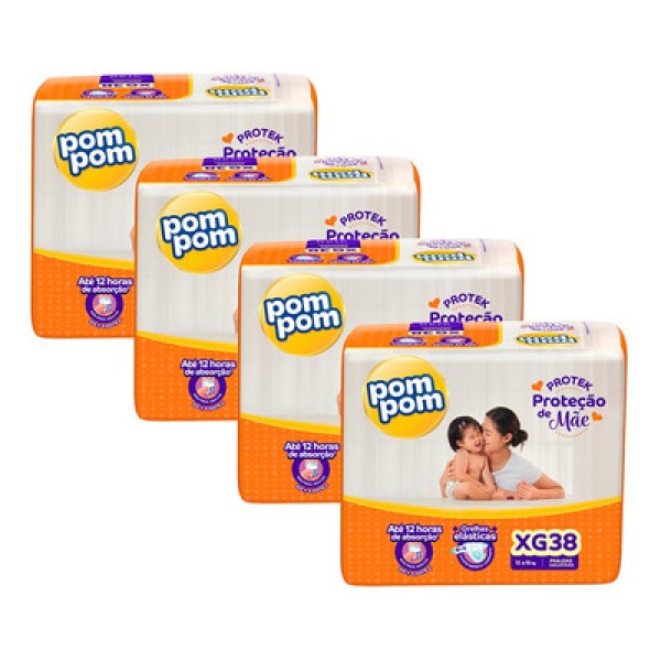 Encontraproduto.com.br - Fralda Descartável Pom Pom Derma Protek Mega Tamanho Xg - 4 Pacotes Com 38 Fraldas - Total 152 Tiras