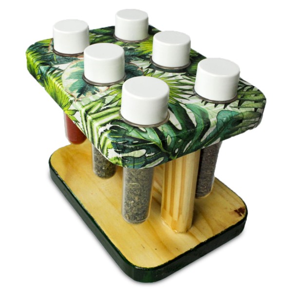 Encontraproduto.com.br - Porta Temperos de Pinus Retangular Com 6 Frascos 25 x 20 x 1,8 cm - PNS - 4687