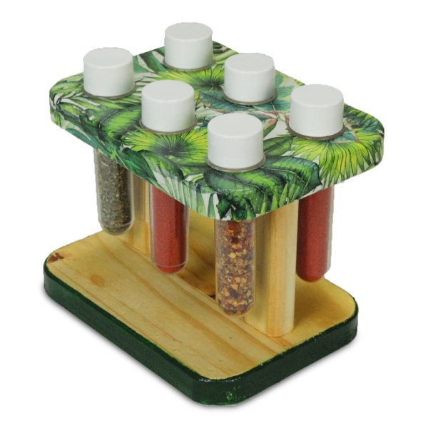 Encontraproduto.com.br - Porta Temperos de Pinus Retangular Com 6 Frascos 25 x 20 x 1,8 cm - PNS - 4687