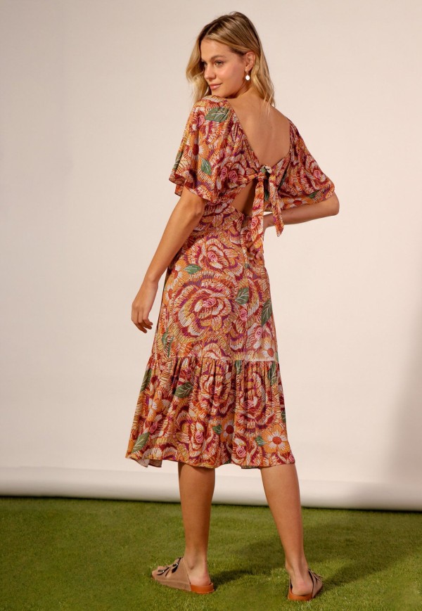 Encontraproduto.com.br - Vestido Midi Amarração Costas Caramelo