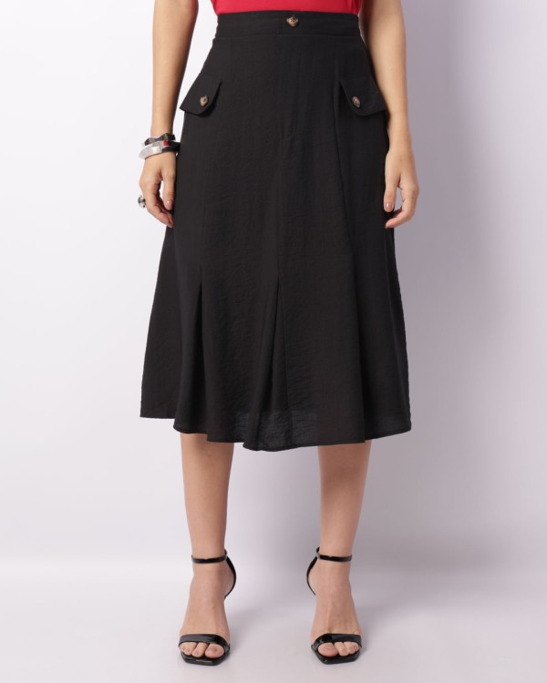Encontraproduto.com.br - Saia Feminina Midi Poliviscose Com Lapela Preta