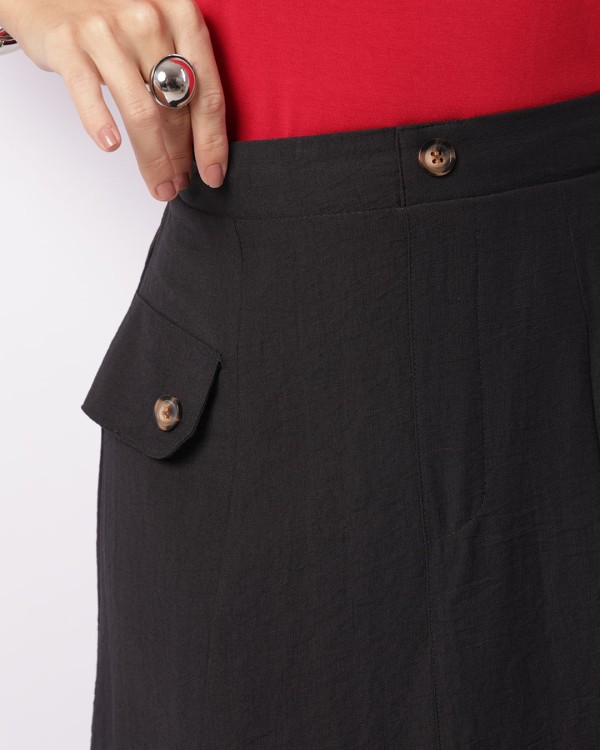 Encontraproduto.com.br - Saia Feminina Midi Poliviscose Com Lapela Preta