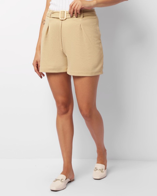 Encontraproduto.com.br - Short Feminino Crepe Evasê Cinto Com Fivela Bege