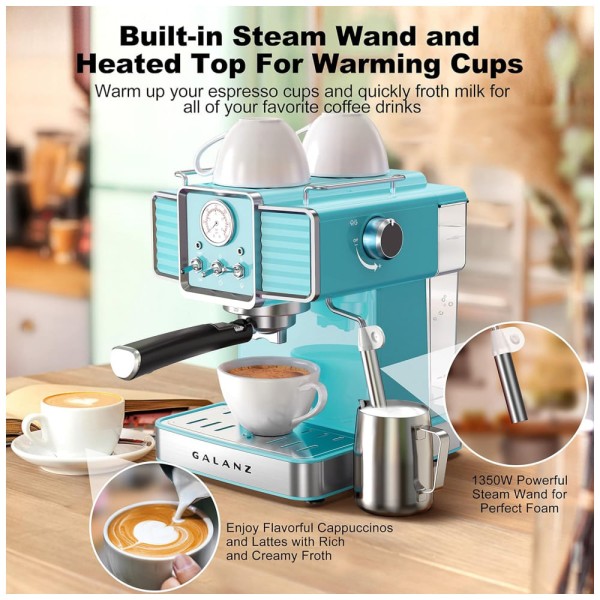 Encontraproduto.com.br - Máquina de Café Expresso Retrô 15 Bar com Bocal de Leite, 110V, Galanz, Azul
