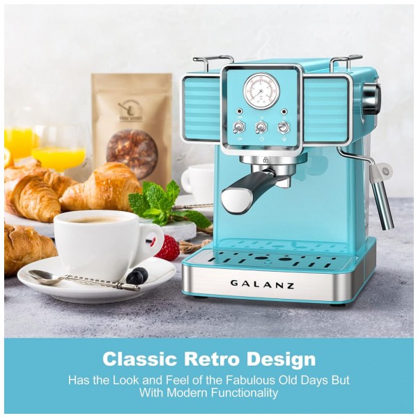 Encontraproduto.com.br - Máquina de Café Expresso Retrô 15 Bar com Bocal de Leite, 110V, Galanz, Azul