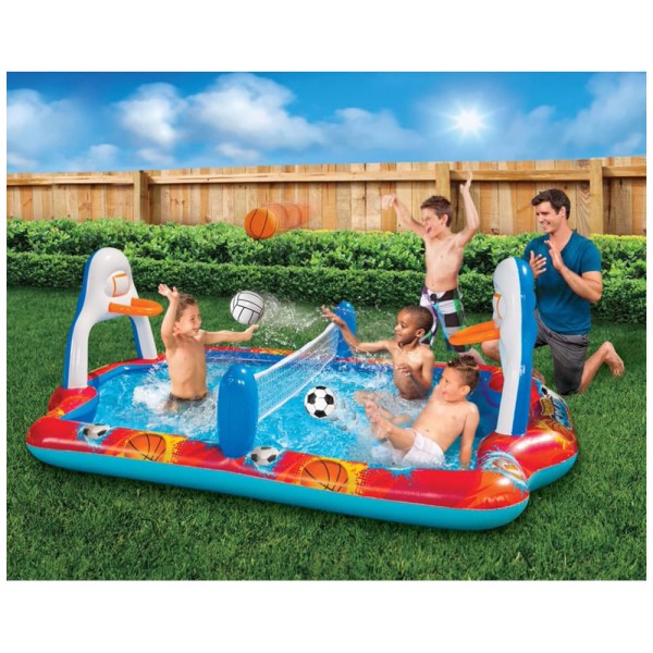 Encontraproduto.com.br - Parque Aquático Inflável 4 em 1 com Piscina, Bola de Futebol, Vôlei e Basquete para Crianças Acima de 3 Anos, Banzai, Colorido