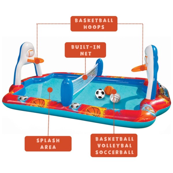 Encontraproduto.com.br - Parque Aquático Inflável 4 em 1 com Piscina, Bola de Futebol, Vôlei e Basquete para Crianças Acima de 3 Anos, Banzai, Colorido
