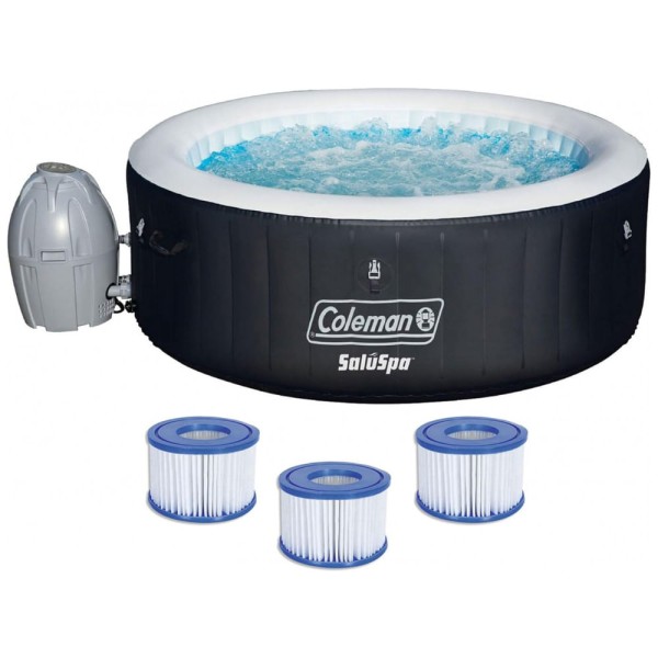 Encontraproduto.com.br - Spa Inflável Hidromassagem para 4 Pessoas com 60 Jatos, Tampa, Bomba, Coleman 13804 BW, Preto