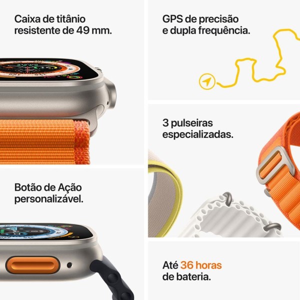 Encontraproduto.com.br - Apple Watch Ultra GPS + Cellular Caixa de Titânio 49 mm Pulseira Loop Trail Amarela/Bege  - M/G