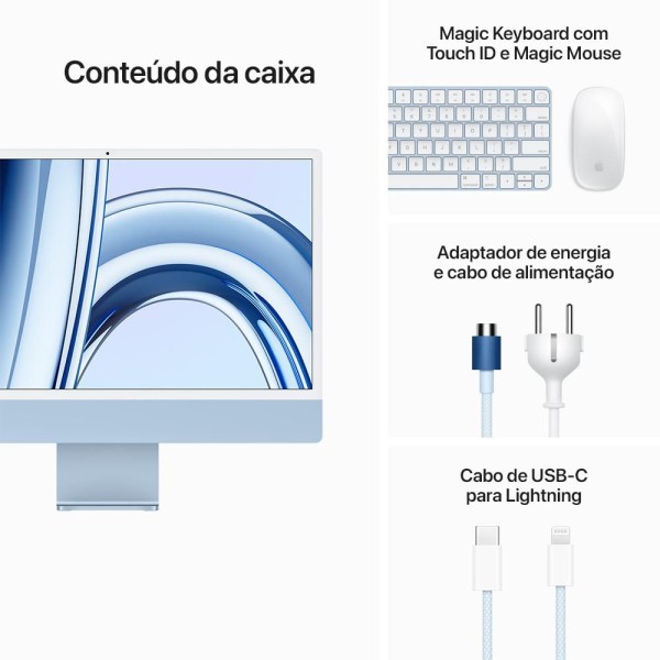 Encontraproduto.com.br - IMac Tela Retina 4.5K de 24 polegadas, Chip Apple M3 com CPU de 8 núcleos, GPU de 10 núcleos, Memória 8GB, Armazenamento de 512GB - Azul