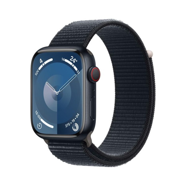 Apple Watch Series 9 GPS + Cellular • Caixa meia-noite de alumínio – 45 mm • Pulseira loop esportiva meia-noite (neutro em carbono)