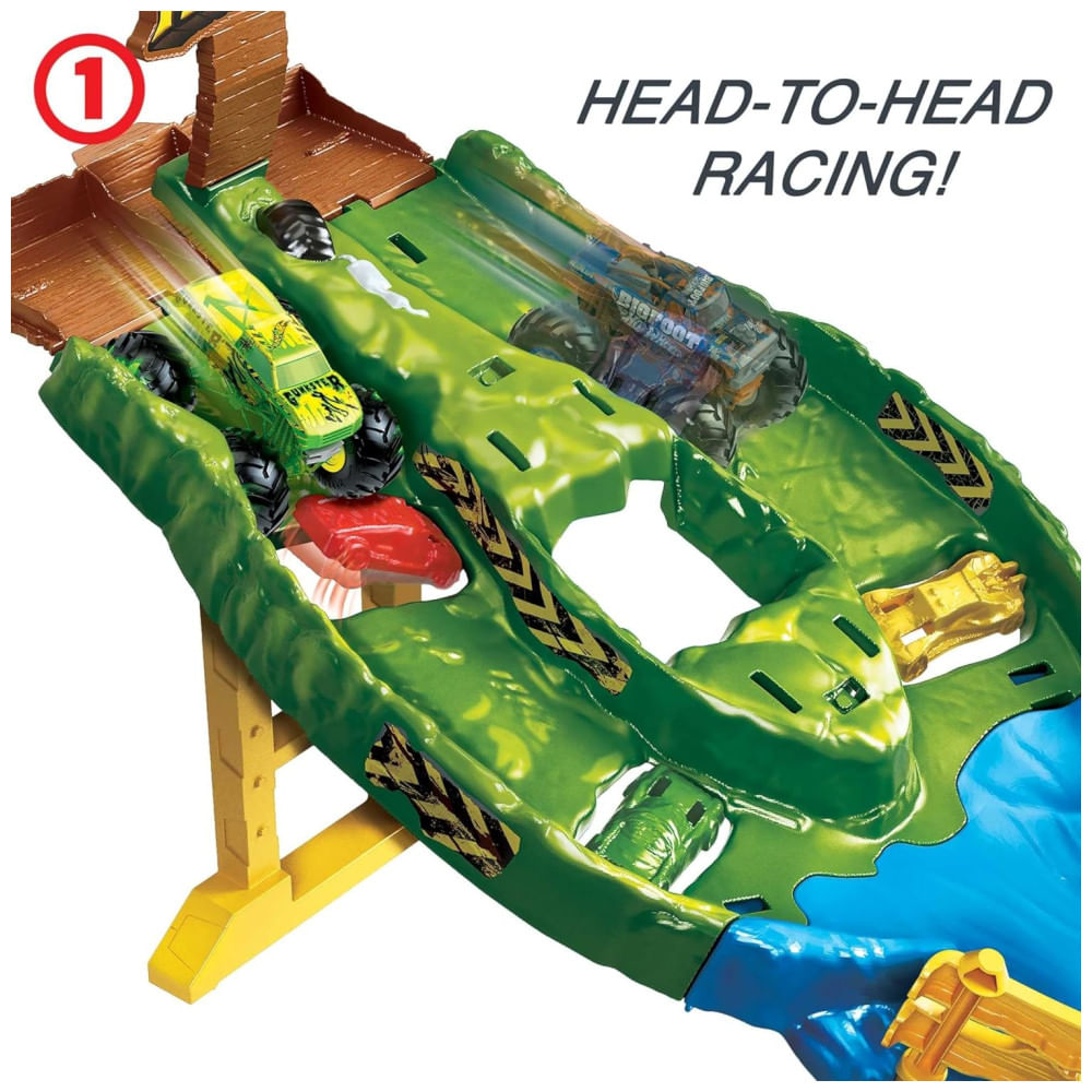Pista Monster Trucks Wreckin Raceway com 2 Caminhões Bigfoot, Gunkster e Obstáculos para Crianças Acima de 4 Anos, Hot Wheels