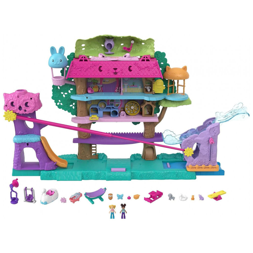 Encontraproduto.com.br - Casa de Bonecas Polly com 2 Mini Bonecas, Carro de Brinquedo, Móveis para Bonecas e 4 Animais de Estimação