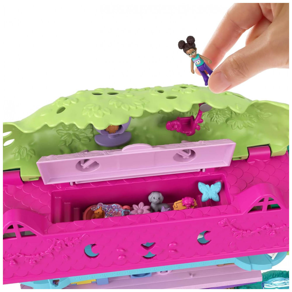 Encontraproduto.com.br - Casa de Bonecas Polly com 2 Mini Bonecas, Carro de Brinquedo, Móveis para Bonecas e 4 Animais de Estimação