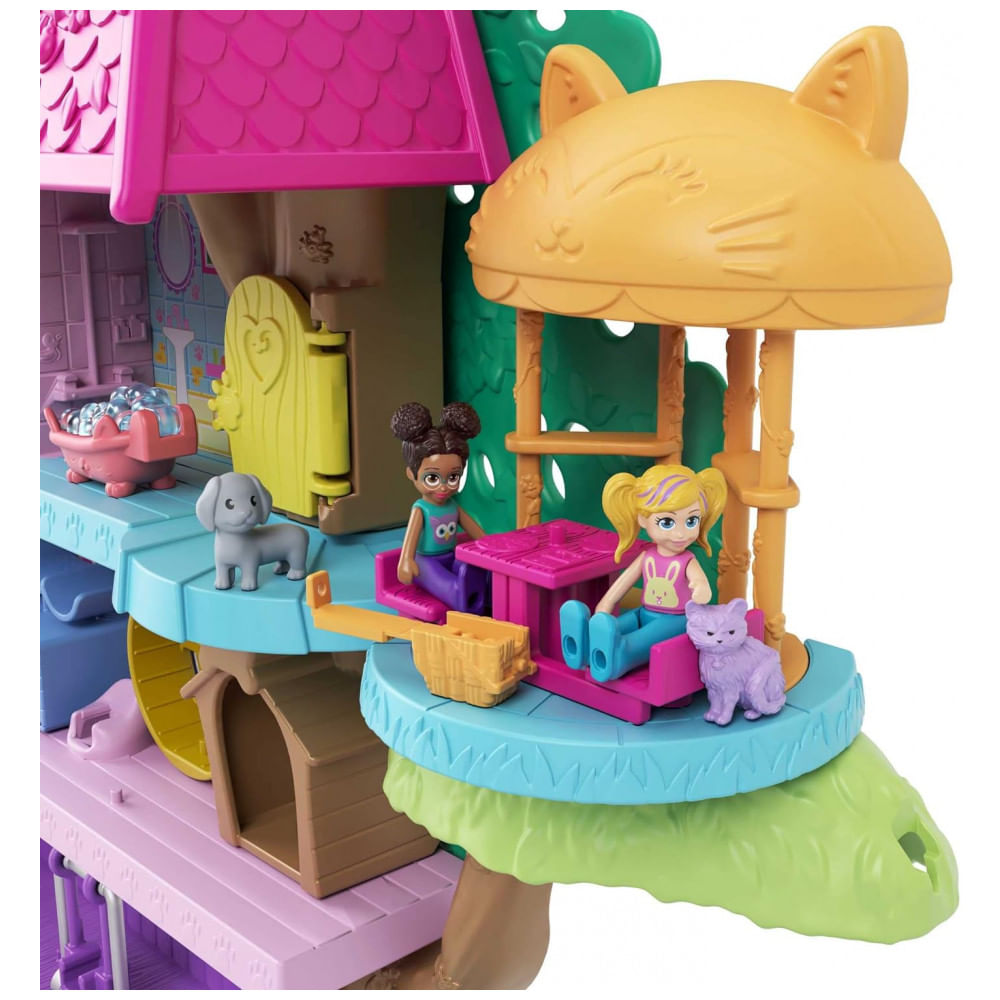 Encontraproduto.com.br - Casa de Bonecas Polly com 2 Mini Bonecas, Carro de Brinquedo, Móveis para Bonecas e 4 Animais de Estimação