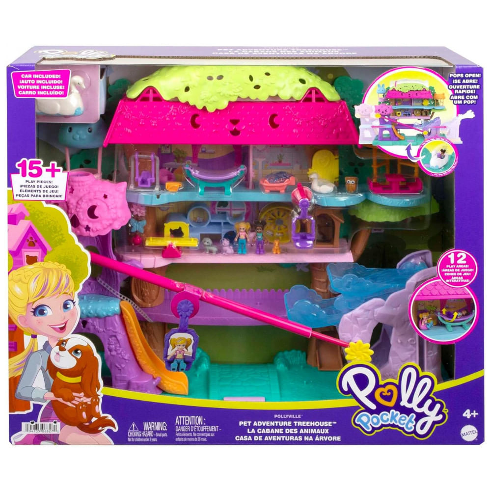 Encontraproduto.com.br - Casa de Bonecas Polly com 2 Mini Bonecas, Carro de Brinquedo, Móveis para Bonecas e 4 Animais de Estimação