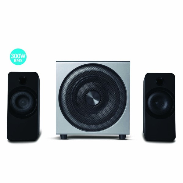 Caixas de Som 2.1 c/ Subwoofer 30w Rms Alimentação Bivolt Conexão P2 Controle de Volume e Graves Prata  - SP262OUT [Reembalado]