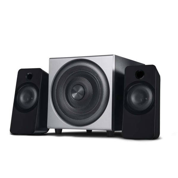 Encontraproduto.com.br - Caixas de Som 2.1 c/ Subwoofer 30w Rms Alimentação Bivolt Conexão P2 Controle de Volume e Graves Prata  - SP262OUT [Reembalado]