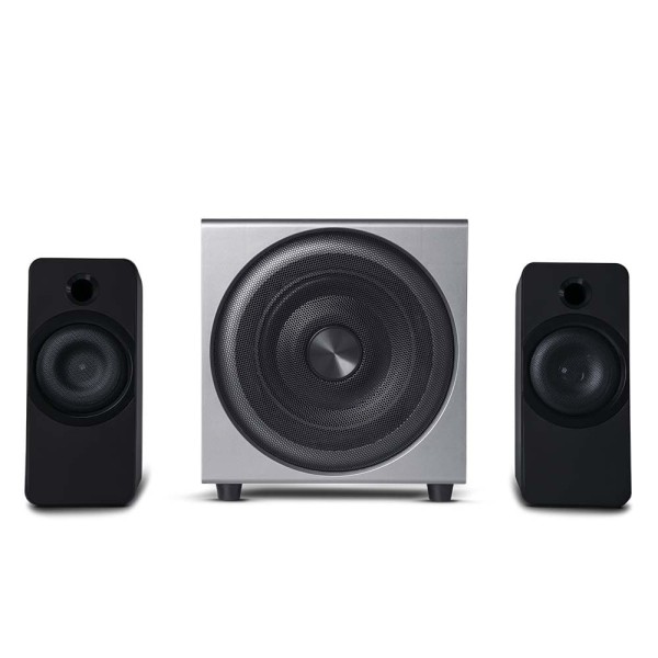 Encontraproduto.com.br - Caixas de Som 2.1 c/ Subwoofer 30w Rms Alimentação Bivolt Conexão P2 Controle de Volume e Graves Prata  - SP262OUT [Reembalado]