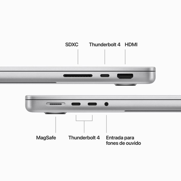 Encontraproduto.com.br - MacBook Pro 14 polegadas, Chip Apple M3 com CPU de 8 núcleos, GPU de 10 núcleos, Memória unificada de 8GB, SSD de 1TB - Prateado