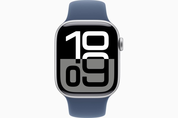 Encontraproduto.com.br - Apple Watch Series 10 (GPS 42 mm) Caixa Prateada em Alumínio com Pulseira Esportiva Azul (Denim)
