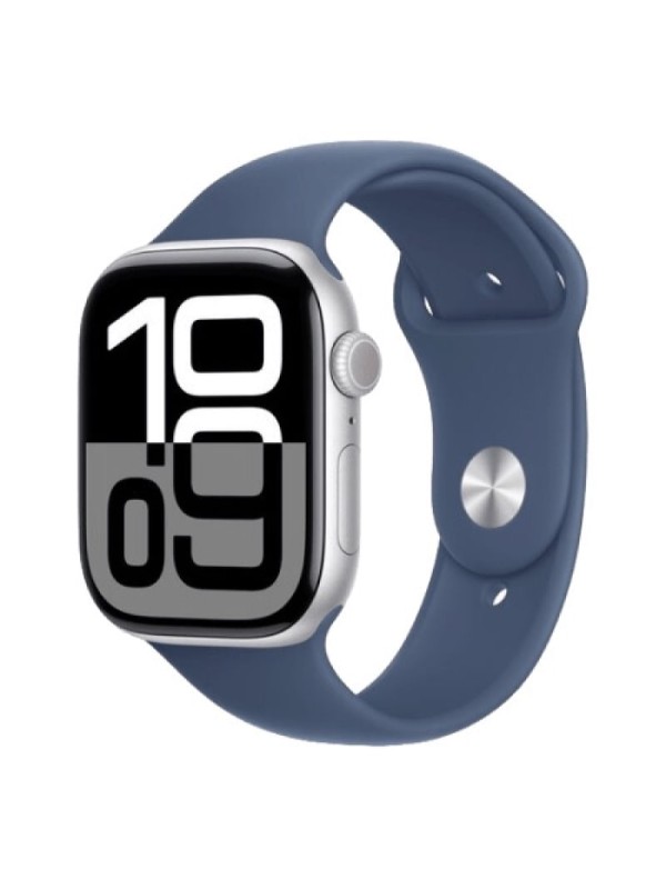 Encontraproduto.com.br - Apple Watch Series 10 (GPS 42 mm) Caixa Prateada em Alumínio com Pulseira Esportiva Azul (Denim)
