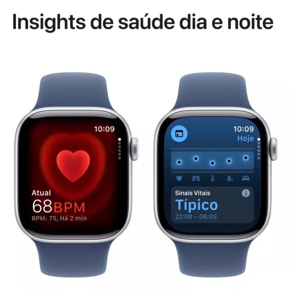 Encontraproduto.com.br - Apple Watch Series 10 (GPS 42 mm) Caixa Prateada em Alumínio com Pulseira Esportiva Azul (Denim)