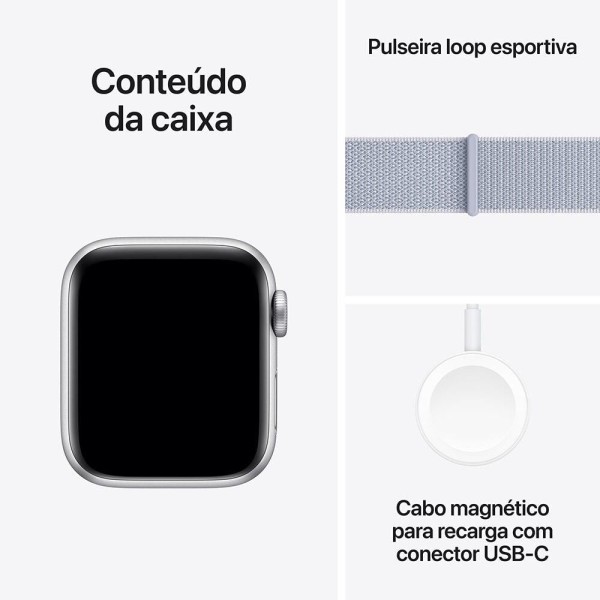 Encontraproduto.com.br - Apple Watch SE GPS, Caixa Prateada de Alumínio – 40 mm e Pulseira Loop Esportiva Nuvem Azul