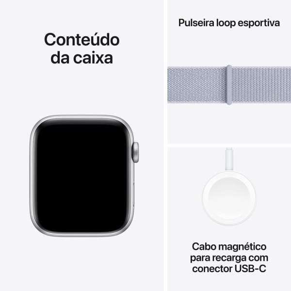Encontraproduto.com.br - Apple Watch SE GPS, Caixa Prateada de Alumínio – 44 mm e Pulseira Loop Esportiva Nuvem Azul