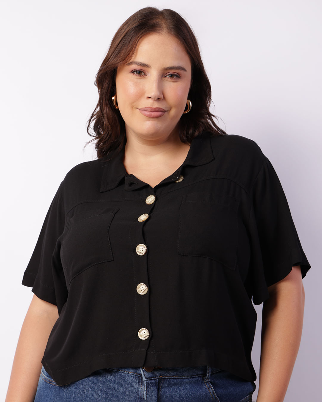 Camisa Plus Size Feminina Viscose Com Bolsos Preta