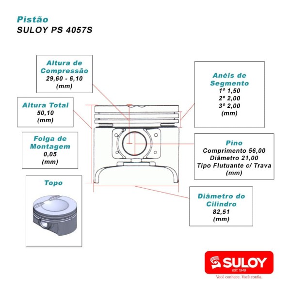 Encontraproduto.com.br - PISTAO - AUDI A3 A4/ VW PASSAT TIGUAN 2.0 TFSI APOS 2008 | C/ PORTA-ANEL PINO 21MM USAR APX.AAP20 - SULOY