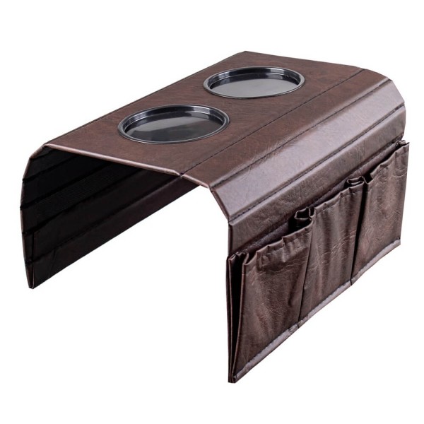 Encontraproduto.com.br - Esteira Bandeja para Sofá Corino com Porta Copos e Controle - Marrom