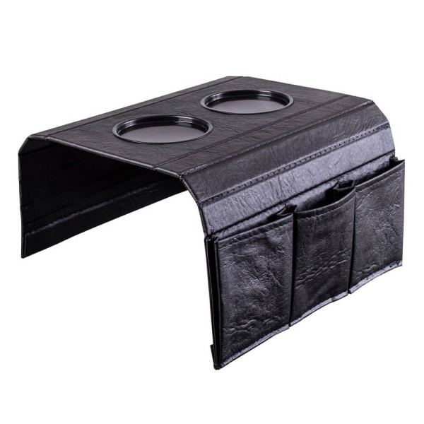 Esteira Bandeja para Sofá Corino com Porta Controle e Copos - Preto