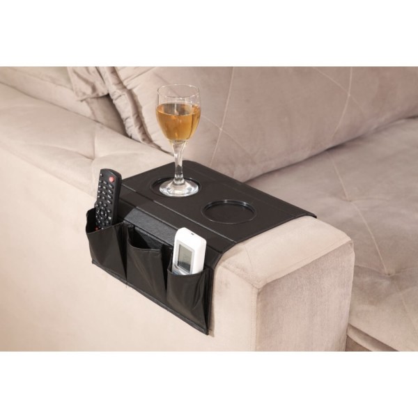 Encontraproduto.com.br - Esteira Bandeja para Sofá Corino com Porta Controle e Copos - Preto