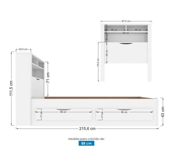 Encontraproduto.com.br - Cama Solteiro Açucena 88cm Com Gavetas -