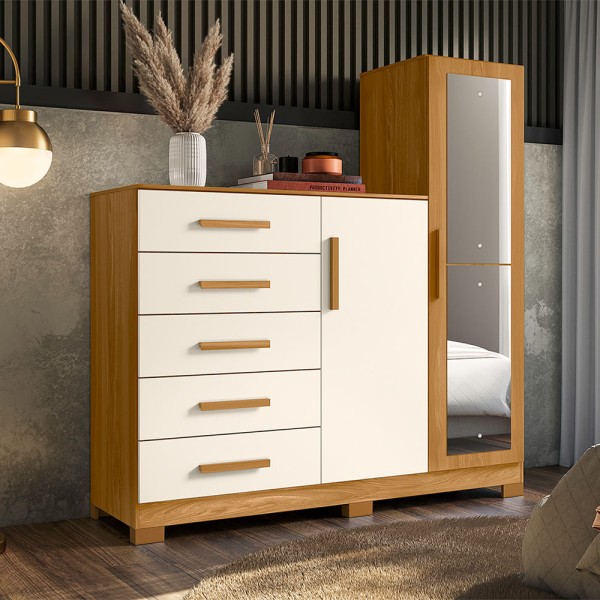 Encontraproduto.com.br - Cômoda Sapateira Fênix Com Espelho 2 Portas E 5 Gavetas -