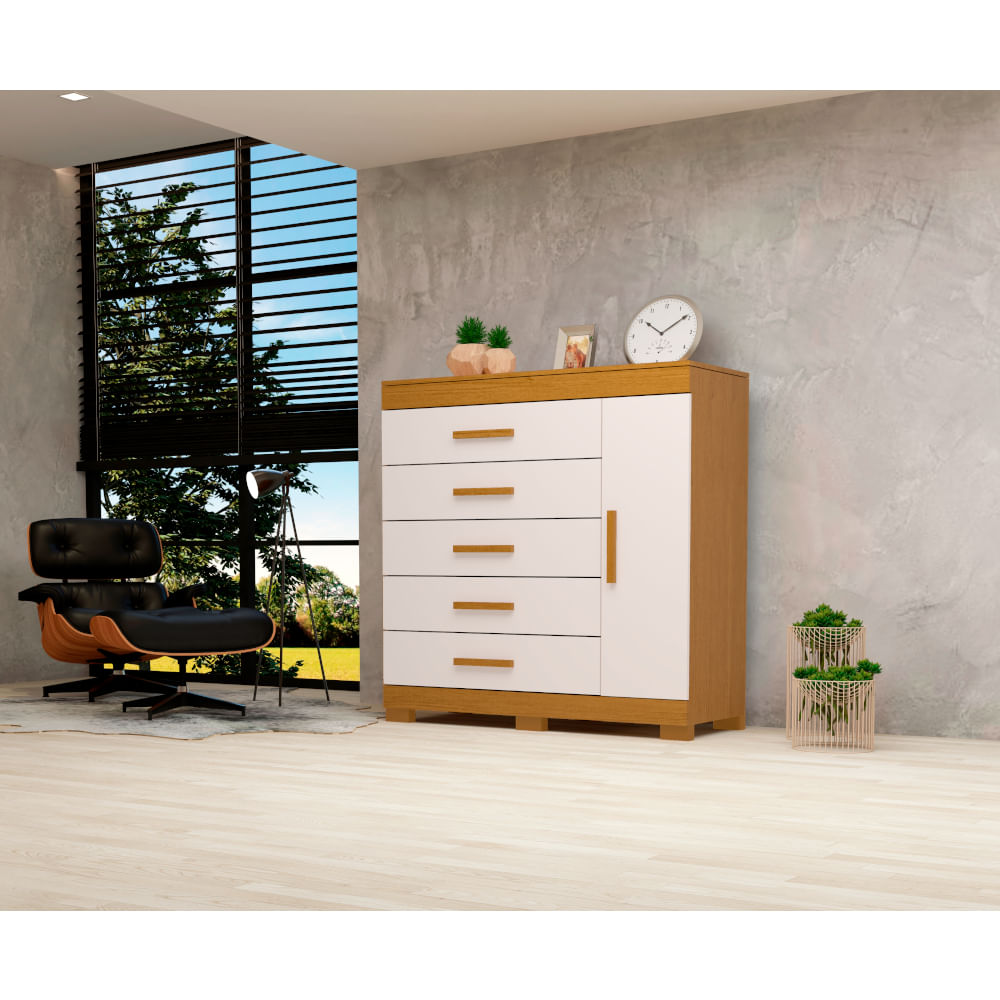 Encontraproduto.com.br - Cômoda ACP Rayane com 5 Gavetas e Sapateira - Cinamomo/Off White