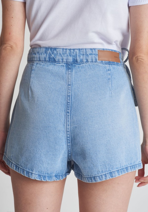 Encontraproduto.com.br - Short saia jeans com transpasse e amarração