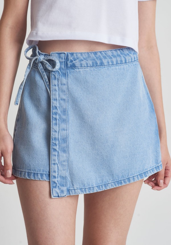 Encontraproduto.com.br - Short saia jeans com transpasse e amarração